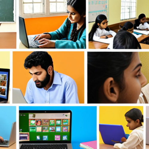 **Prompt:** A vibrant collage showcasing the evolution of digital education in Urdu. Feature images of students learning from laptops, tablets, and smartphones, interspersed with images of traditional classrooms fading into the background. The overall style should be optimistic and forward-looking, symbolizing the growing accessibility of education anytime, anywhere. Include Urdu text snippets representing learning and knowledge.