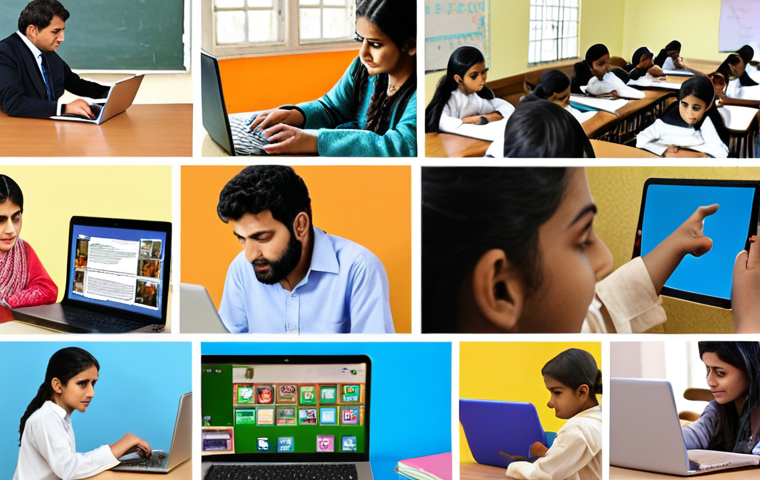 **Prompt:** A vibrant collage showcasing the evolution of digital education in Urdu. Feature images of students learning from laptops, tablets, and smartphones, interspersed with images of traditional classrooms fading into the background. The overall style should be optimistic and forward-looking, symbolizing the growing accessibility of education anytime, anywhere. Include Urdu text snippets representing learning and knowledge.