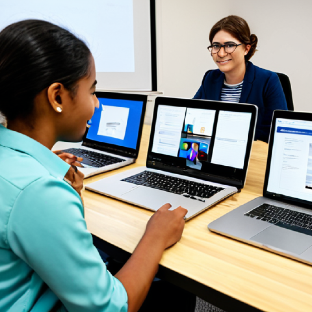 A diverse group of individuals from varied backgrounds, including a female student in a modest, appropriate top studying from a comfortable home setting, and a male professional in a modern office, all fully clothed in appropriate attire. They are actively engaged in a collaborative virtual classroom session on their laptops and tablets. The screens display an attentive, professional instructor and interactive content, symbolizing global connectivity and accessible education for all. Professional photography, high quality, soft natural light, clear focus. safe for work, appropriate content, fully clothed, family-friendly, perfect anatomy, correct proportions, natural pose, well-formed hands, proper finger count, natural body proportions.