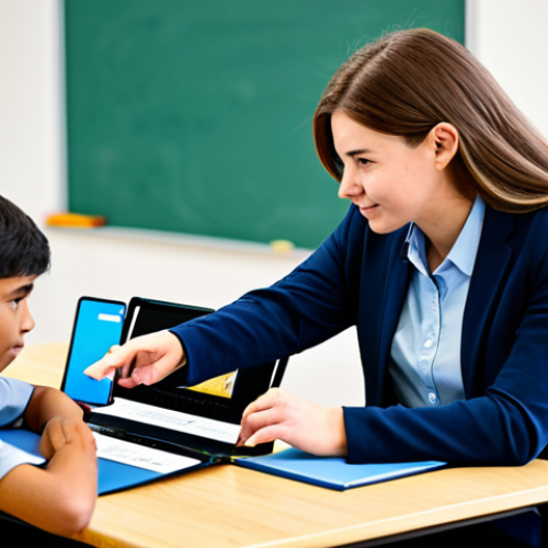 A diverse group of students, including children and young adults, actively engaged in a modern hybrid learning environment. One section shows students in a bright classroom collaborating with a professional female teacher, all in modest, school-appropriate attire. Another section depicts students at home, focused on laptops and tablets, participating in online discussions with a male teacher visible on their screens. The composition highlights the seamless blend of physical and digital education, emphasizing accessibility and engagement. The atmosphere is positive and focused. Safe for work, appropriate content, fully clothed, professional dress, perfect anatomy, correct proportions, natural pose, well-formed hands, proper finger count, natural body proportions, high-quality professional photography, family-friendly.