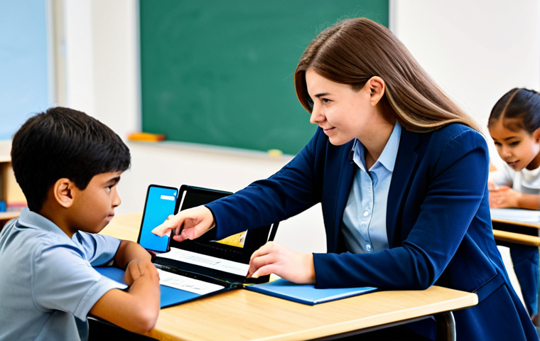 A diverse group of students, including children and young adults, actively engaged in a modern hybrid learning environment. One section shows students in a bright classroom collaborating with a professional female teacher, all in modest, school-appropriate attire. Another section depicts students at home, focused on laptops and tablets, participating in online discussions with a male teacher visible on their screens. The composition highlights the seamless blend of physical and digital education, emphasizing accessibility and engagement. The atmosphere is positive and focused. Safe for work, appropriate content, fully clothed, professional dress, perfect anatomy, correct proportions, natural pose, well-formed hands, proper finger count, natural body proportions, high-quality professional photography, family-friendly.