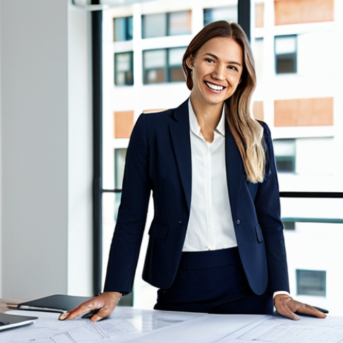 **

"A professional female architect in a stylish, fully clothed business attire, standing in a modern, light-filled office.  Blueprints are visible on a nearby table.  She is smiling confidently.  Safe for work, appropriate content, perfect anatomy, correct proportions, well-formed hands, natural pose, high resolution, professional lighting, modest clothing."

**