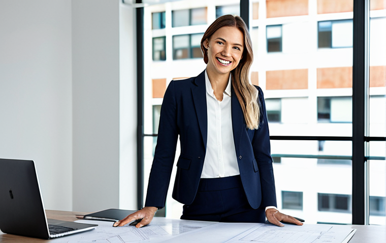 **

"A professional female architect in a stylish, fully clothed business attire, standing in a modern, light-filled office.  Blueprints are visible on a nearby table.  She is smiling confidently.  Safe for work, appropriate content, perfect anatomy, correct proportions, well-formed hands, natural pose, high resolution, professional lighting, modest clothing."

**