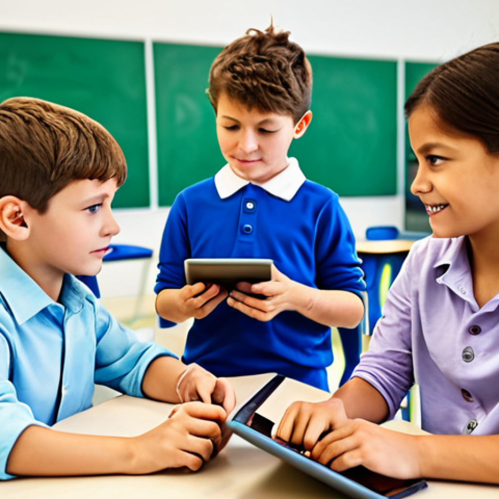 디지털 학습의 게임화 - Gamified Math Lesson**
"A group of fully clothed children in a bright classroom, engaged in a math ...