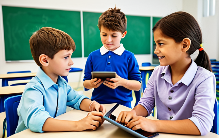 디지털 학습의 게임화 - Gamified Math Lesson**
"A group of fully clothed children in a bright classroom, engaged in a math ...