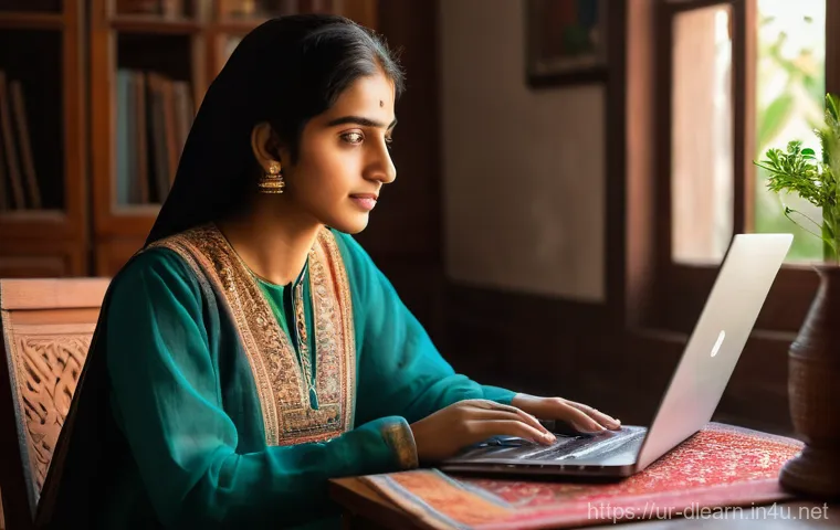 MOOC 대규모 온라인 개방강좌 - **Prompt:** A serene and focused young Pakistani woman in her early 20s, wearing a modest, comfortab...