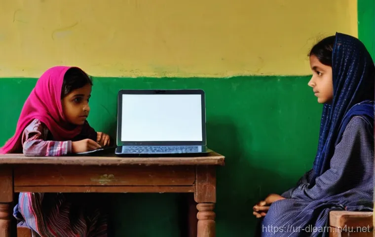 디지털 교육의 장애물 - **Prompt:** A young Pakistani girl, around 9 years old, dressed in a modest, traditional shalwar kam...