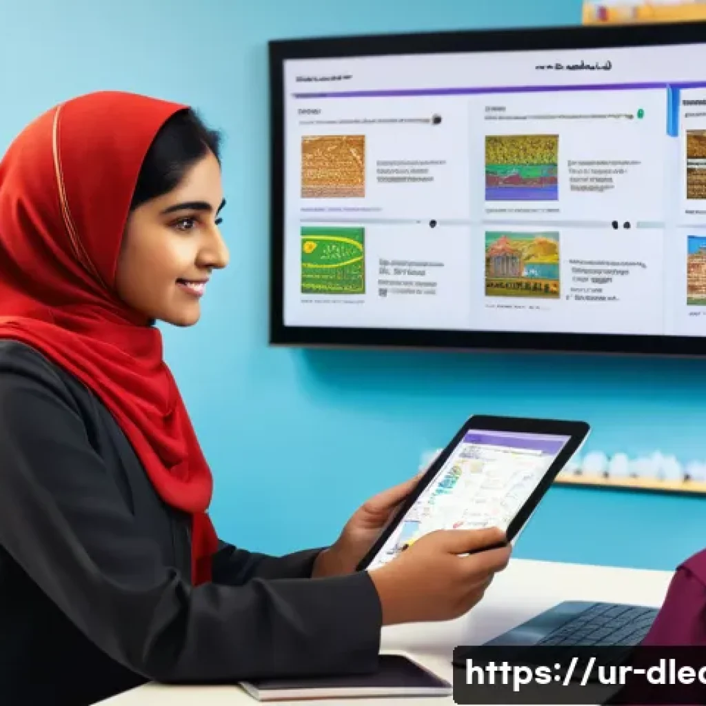 디지털 학습에 대한 학습자의 참여도 - A modern digital classroom scene set in a culturally rich Pakistani environment, showing a young fem...