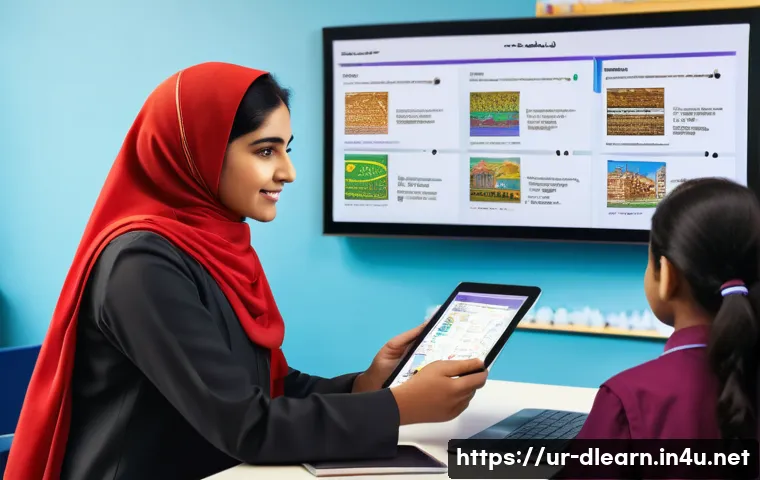 디지털 학습에 대한 학습자의 참여도 - A modern digital classroom scene set in a culturally rich Pakistani environment, showing a young fem...