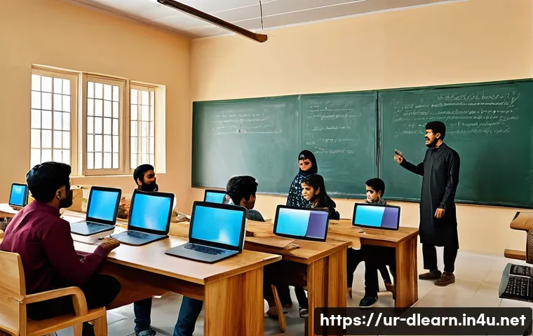 디지털 학습의 효과적인 교육법 - A modern digital classroom scene set in Pakistan, showing a diverse group of adult students attentiv...