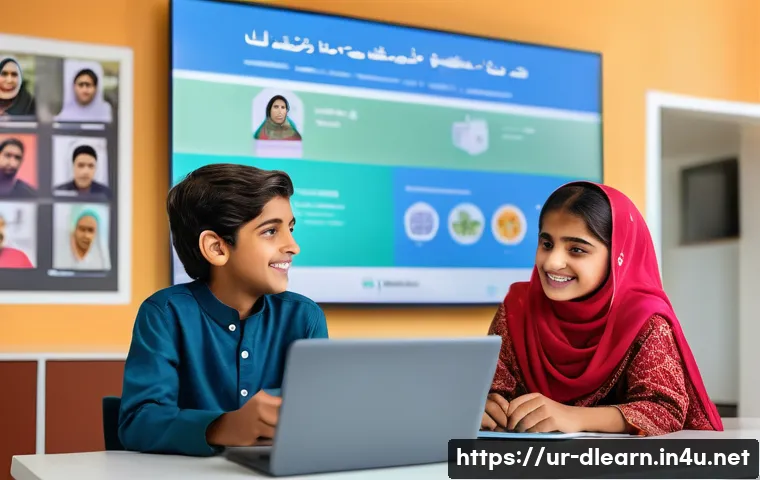 디지털 교육과 경제성 - A vibrant digital classroom scene featuring a diverse group of young Urdu-speaking students from Pak...