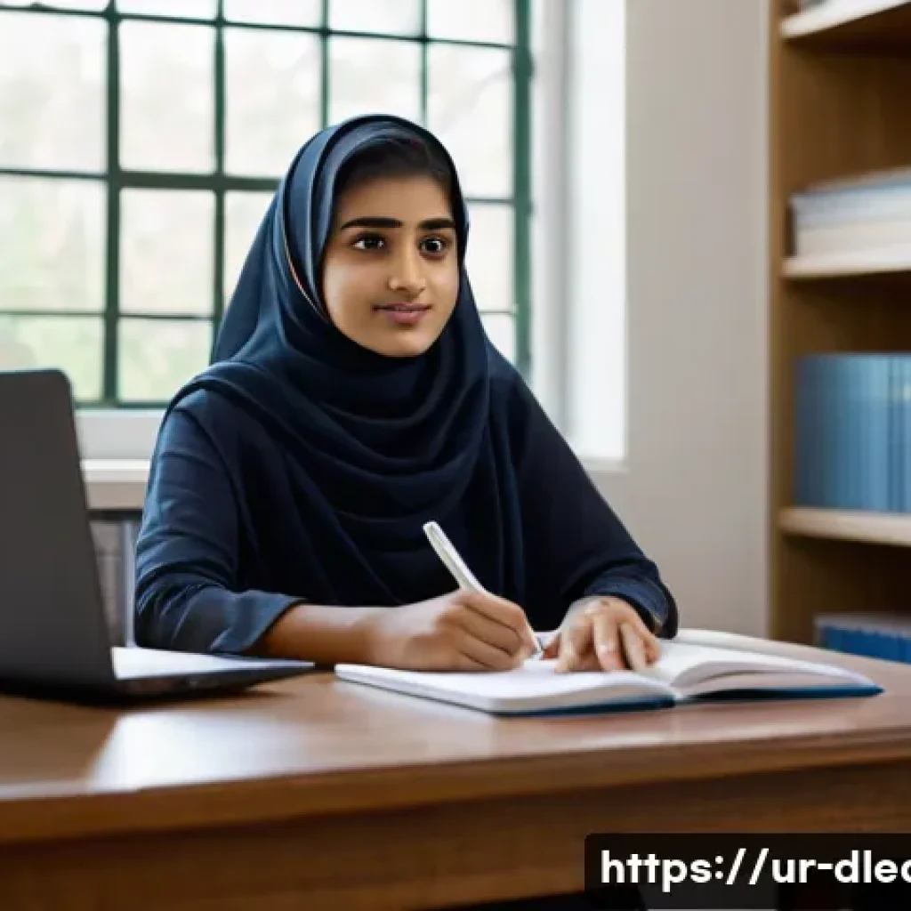 디지털 학습에 대한 전략 - A modern digital learning environment featuring a young South Asian woman wearing modest, culturally...