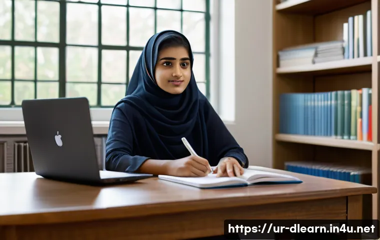 디지털 학습에 대한 전략 - A modern digital learning environment featuring a young South Asian woman wearing modest, culturally...