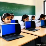 Home 21 디지털 교육의 창의적 접근 - A modern classroom scene in Pakistan featuring diverse students of various ages engaging actively wi...