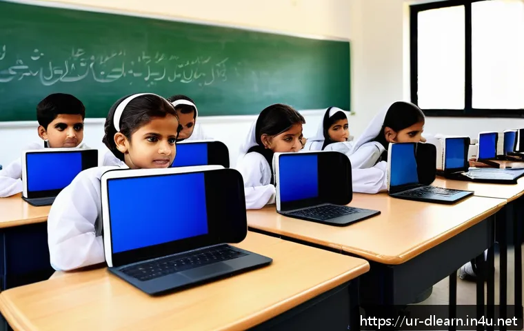 디지털 교육의 창의적 접근 - A modern classroom scene in Pakistan featuring diverse students of various ages engaging actively wi...