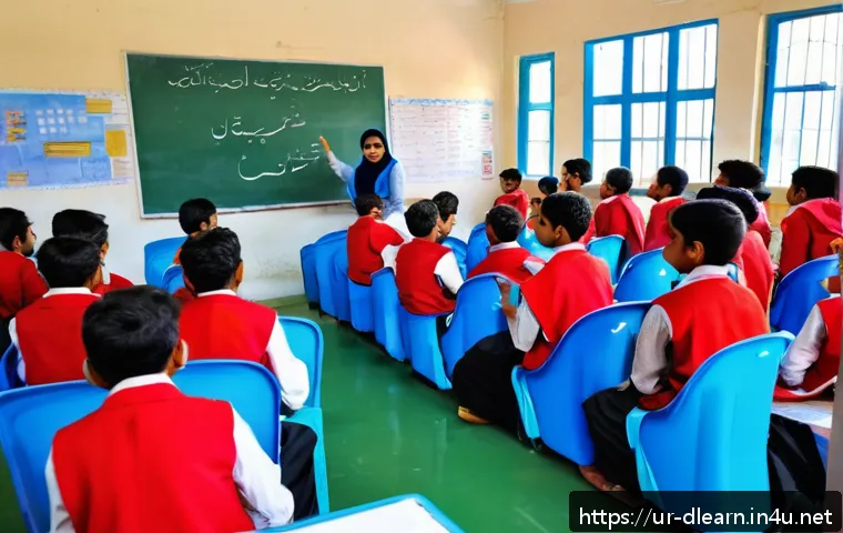 학생 맞춤형 학습 - A vibrant classroom scene in a modern Pakistani school, showing a diverse group of students aged aro...