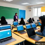 Home 19 디지털 교사 도구 - A modern Urdu classroom scene showing a diverse group of students engaged with interactive digital l...