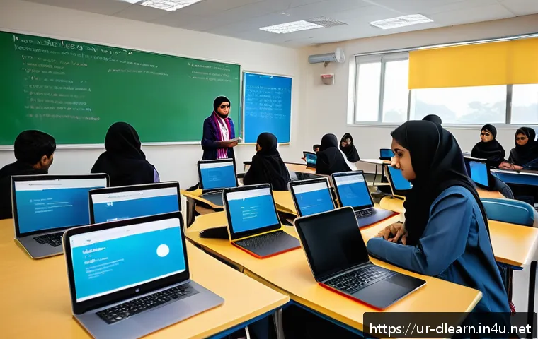 디지털 교사 도구 - A modern Urdu classroom scene showing a diverse group of students engaged with interactive digital l...