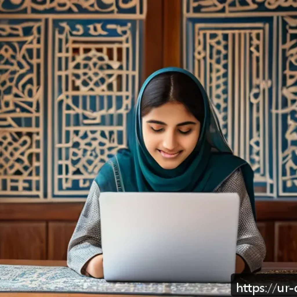 디지털 학습의 접근성 향상 - A modern online classroom scene set in a cozy home environment in Pakistan, showing a young Urdu-spe...
