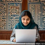 Home 18 디지털 학습의 접근성 향상 - A modern online classroom scene set in a cozy home environment in Pakistan, showing a young Urdu-spe...
