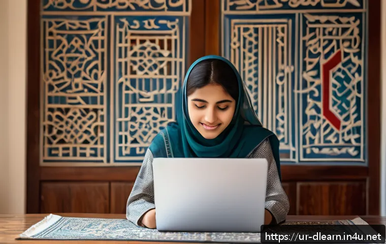 디지털 학습의 접근성 향상 - A modern online classroom scene set in a cozy home environment in Pakistan, showing a young Urdu-spe...