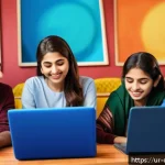 Home 23 디지털 교육 플랫폼의 발전 - A vibrant digital classroom scene showing diverse young adults from Pakistan engaged in an interacti...