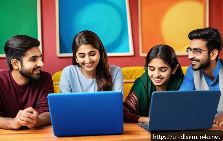 디지털 교육 플랫폼의 발전 - A vibrant digital classroom scene showing diverse young adults from Pakistan engaged in an interacti...