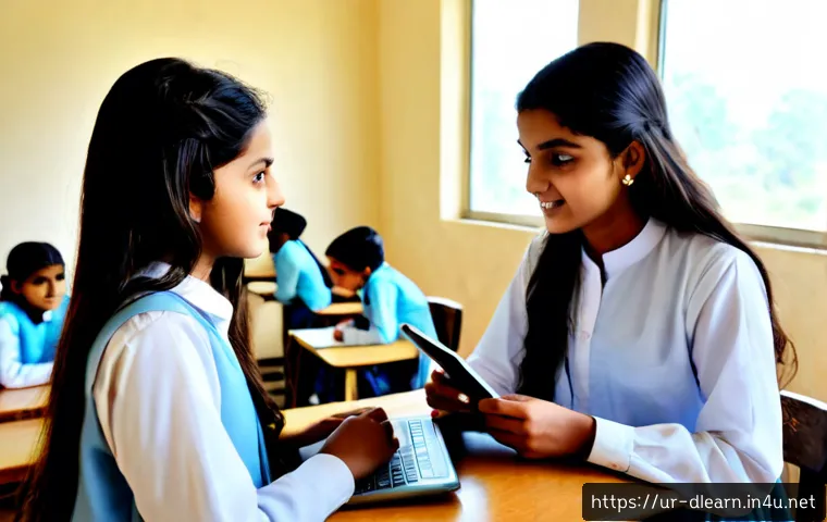 디지털 교육의 미래 - Photorealistic future digital classroom in Pakistan, diverse Urdu-speaking teenage students wearing ...
